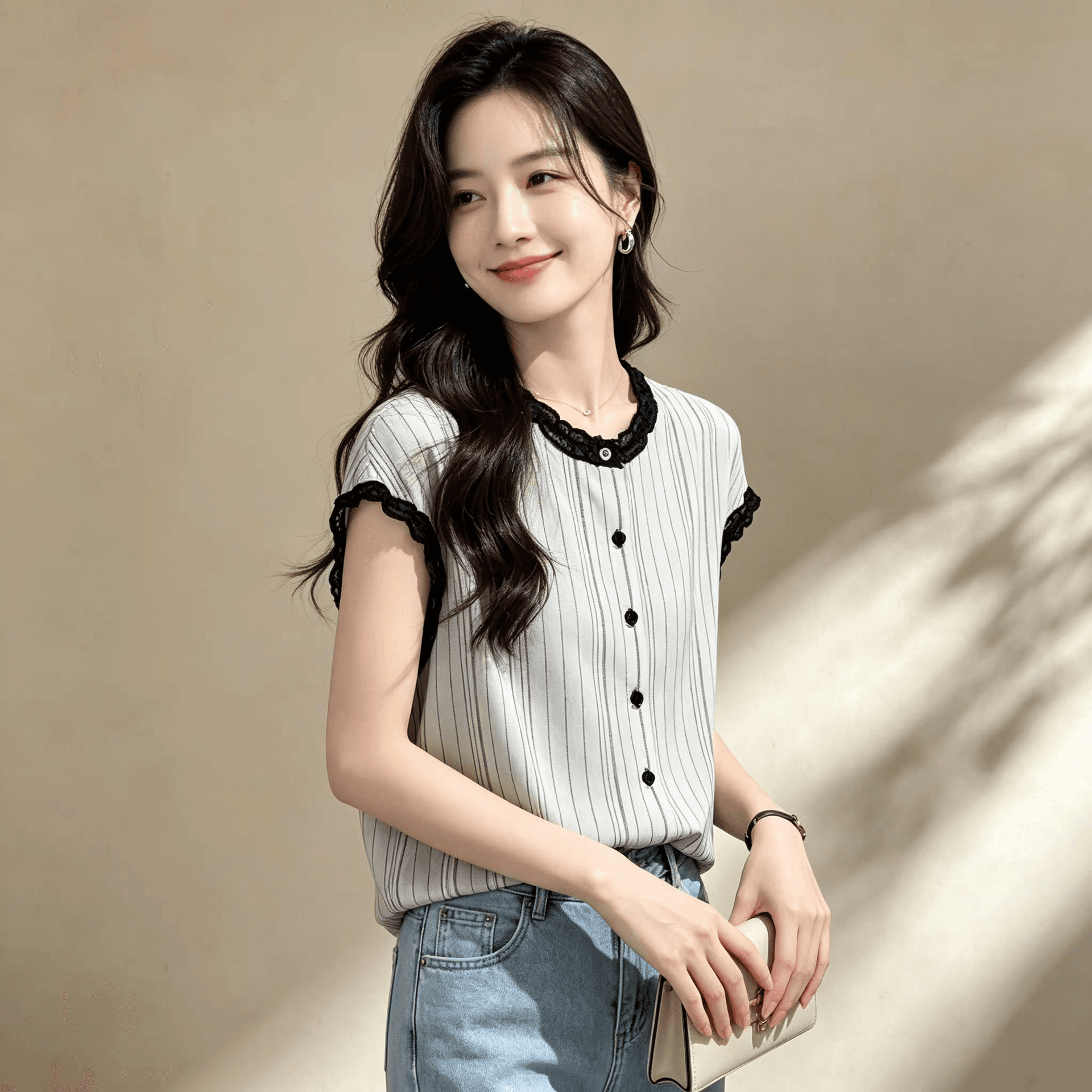 여름 새로운 한 부서 패션 품격 프릴 라운드 넥 반팔 여성 셔츠 출퇴근 다용도 연령 감소 맨위 상세 이미지 2