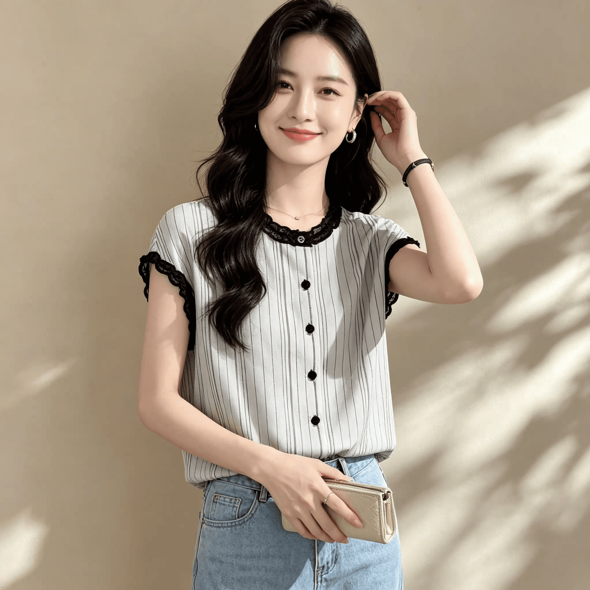 여름 새로운 한 부서 패션 품격 프릴 라운드 넥 반팔 여성 셔츠 출퇴근 다용도 연령 감소 맨위 상세 이미지 7