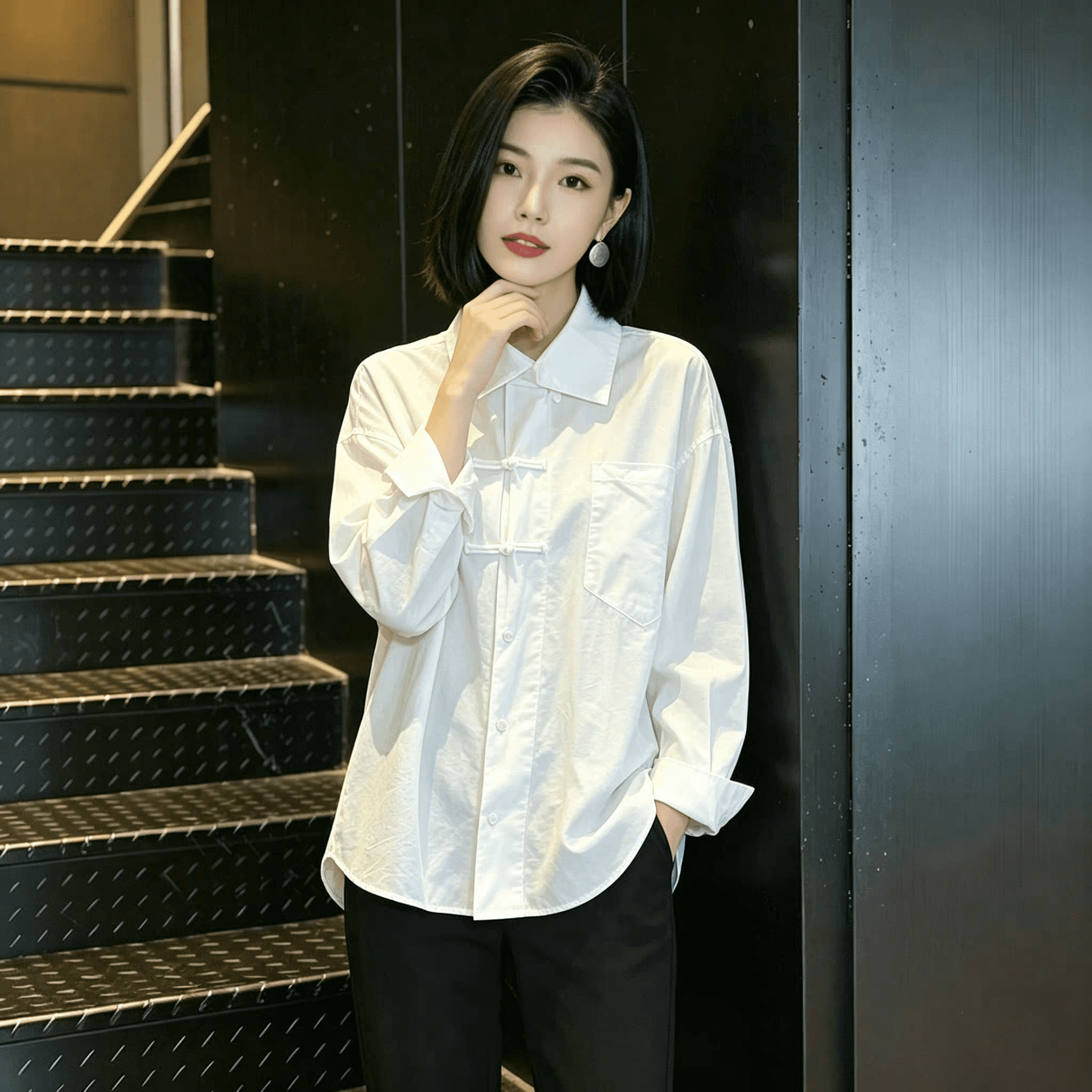 가을 의상 새로운 작은 대중 레트로 새로운 중식 빛 국풍 단추 긴팔 여성 셔츠 인사이드 가져 가라. 기본 셔츠 맨위 이미지 5