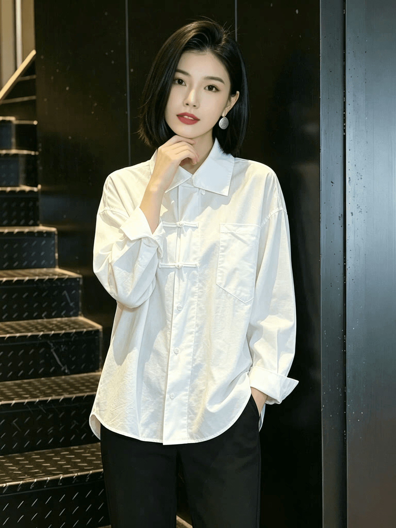 가을 의상 새로운 작은 대중 레트로 새로운 중식 빛 국풍 단추 긴팔 여성 셔츠 인사이드 가져 가라. 기본 셔츠 맨위 이미지 3