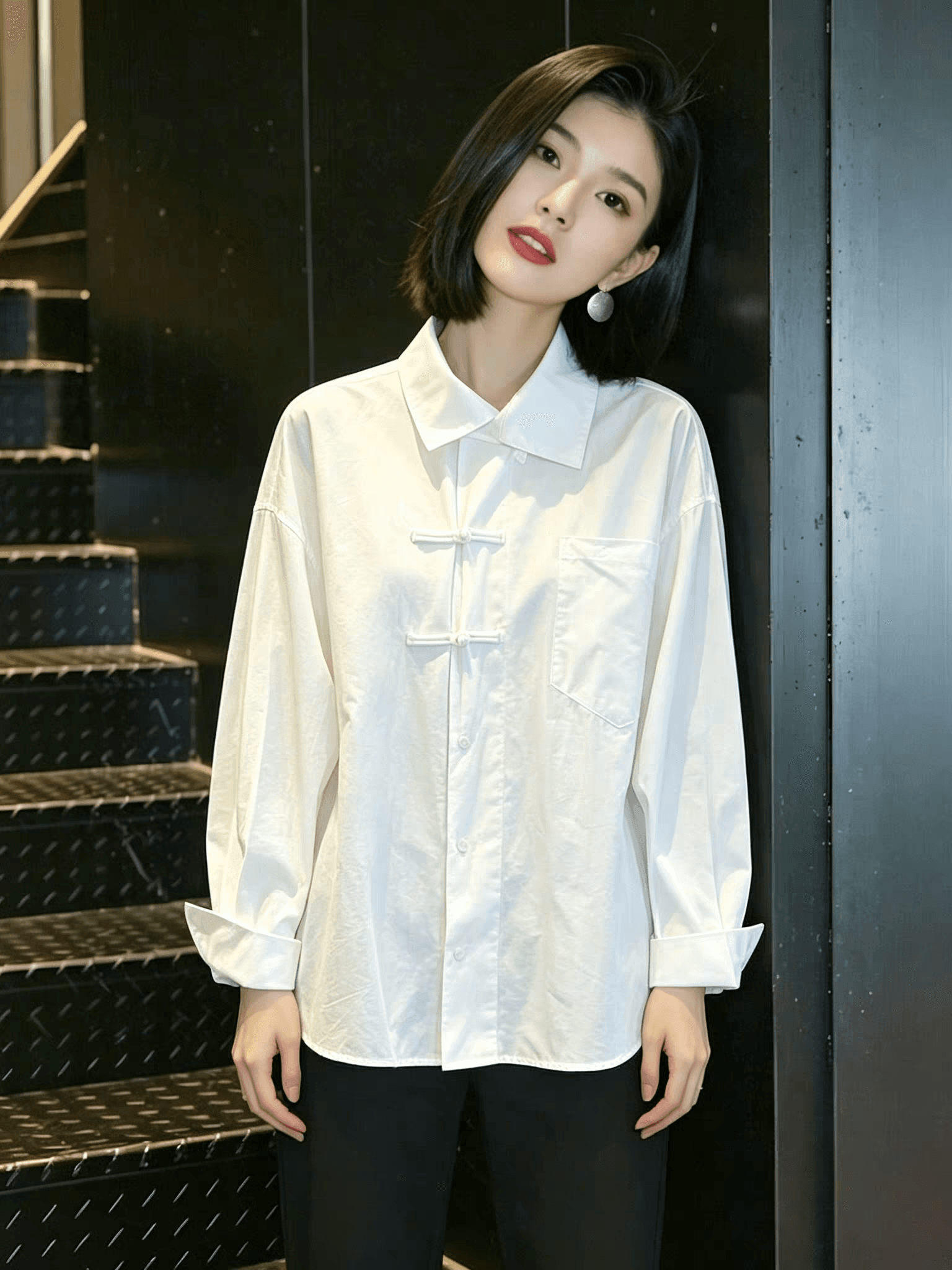 가을 의상 새로운 작은 대중 레트로 새로운 중식 빛 국풍 단추 긴팔 여성 셔츠 인사이드 가져 가라. 기본 셔츠 맨위 이미지 4