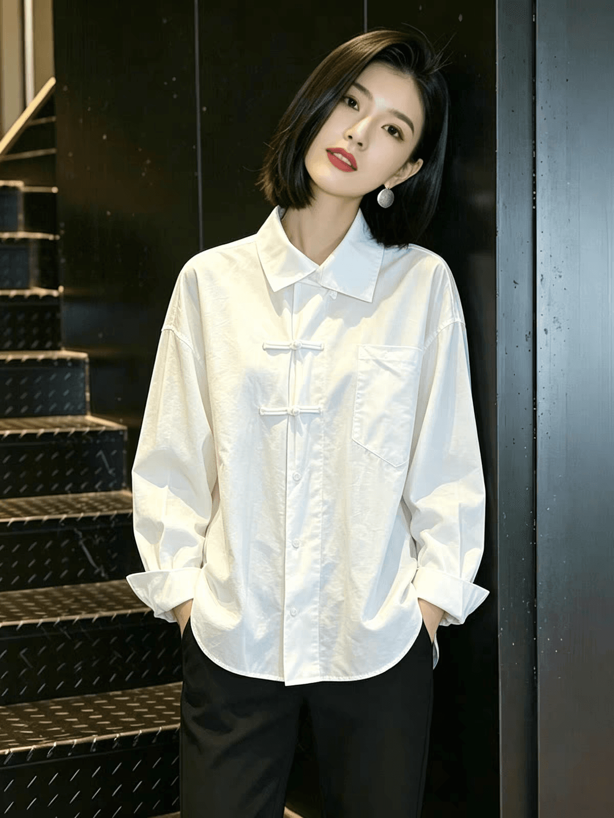 가을 의상 새로운 작은 대중 레트로 새로운 중식 빛 국풍 단추 긴팔 여성 셔츠 인사이드 가져 가라. 기본 셔츠 맨위 상세 이미지 8