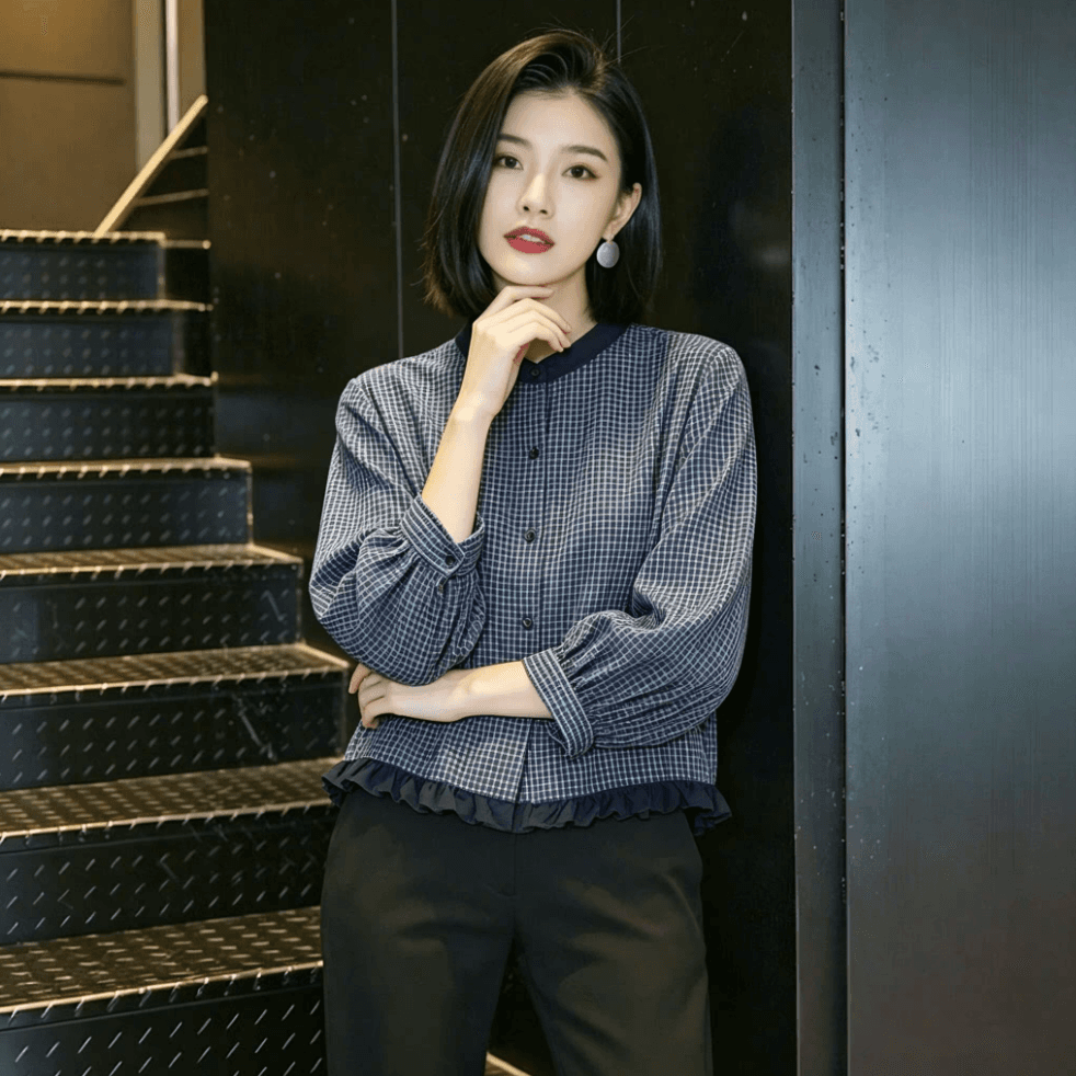 가을 의상 새로운 한 부서 착용 가져 가라. 자이언트 잘 생긴 ~ 중 작은 격자 라운드 넥 긴팔 셔츠 프릴 쇼트 스타일 작은 셔츠 맨위