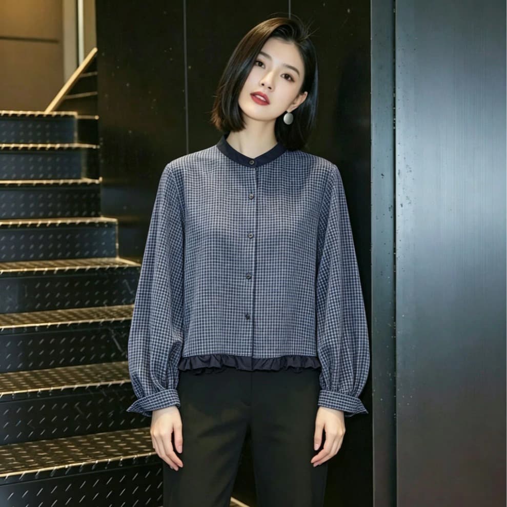 가을 의상 새로운 한 부서 착용 가져 가라. 자이언트 잘 생긴 ~ 중 작은 격자 라운드 넥 긴팔 셔츠 프릴 쇼트 스타일 작은 셔츠 맨위 이미지 5