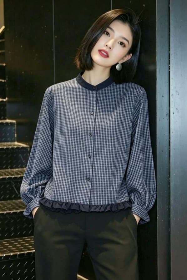 가을 의상 새로운 한 부서 착용 가져 가라. 자이언트 잘 생긴 ~ 중 작은 격자 라운드 넥 긴팔 셔츠 프릴 쇼트 스타일 작은 셔츠 맨위 이미지 6