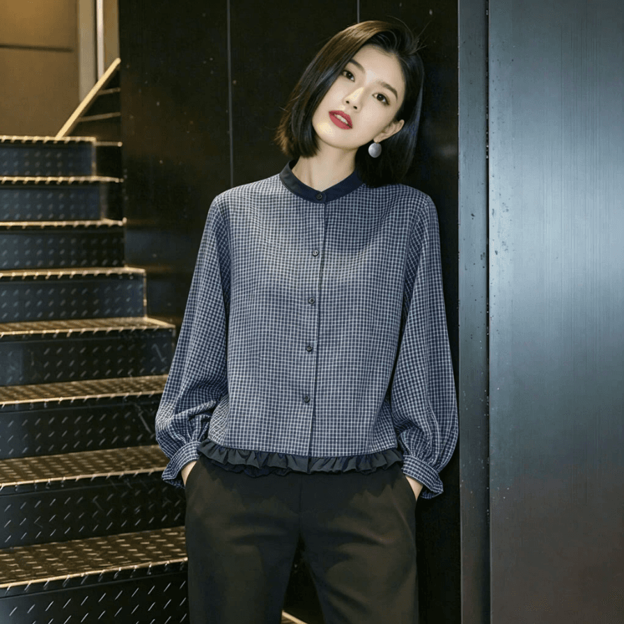 가을 의상 새로운 한 부서 착용 가져 가라. 자이언트 잘 생긴 ~ 중 작은 격자 라운드 넥 긴팔 셔츠 프릴 쇼트 스타일 작은 셔츠 맨위 상세 이미지 2