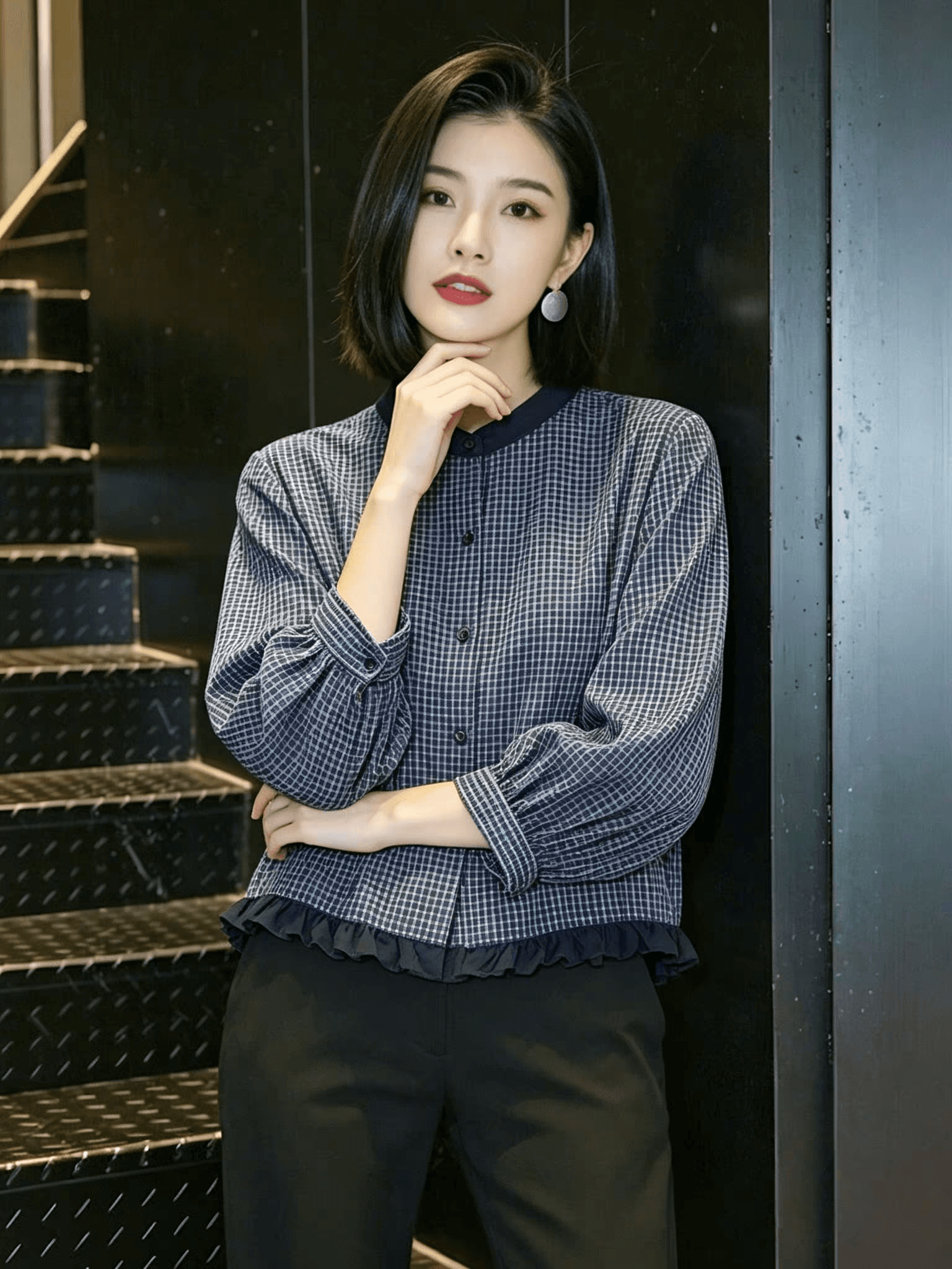 가을 의상 새로운 한 부서 착용 가져 가라. 자이언트 잘 생긴 ~ 중 작은 격자 라운드 넥 긴팔 셔츠 프릴 쇼트 스타일 작은 셔츠 맨위 상세 이미지 11