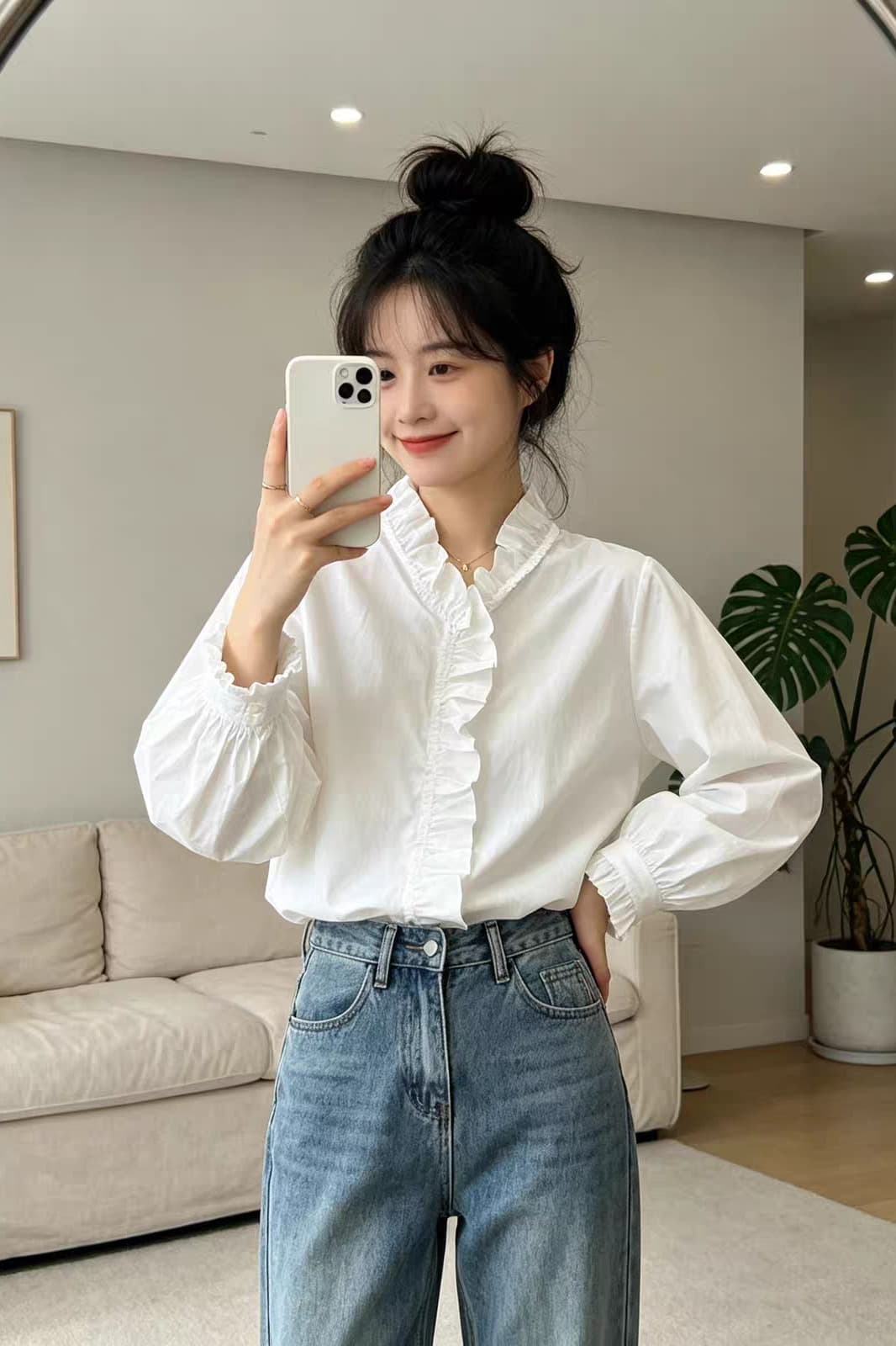 가을 의상 새로운 빅 사이즈 프랑스식 프릴 V넥 순면 긴팔 셔츠 고유 한 아름다운 느긋한 바람 고유 한 작은 셔츠 이미지 6