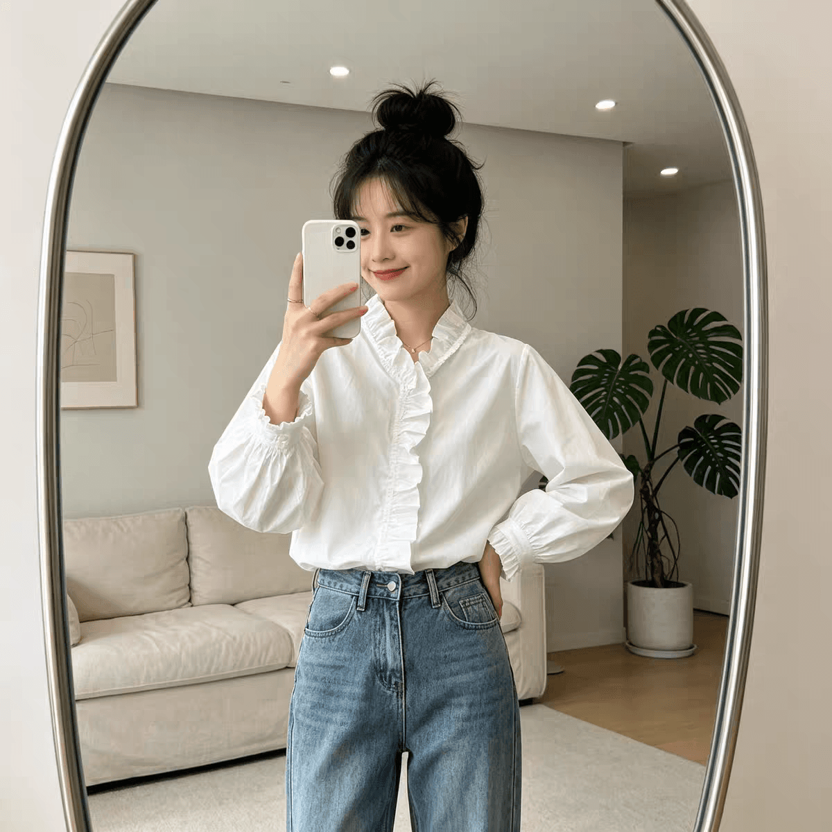 가을 의상 새로운 빅 사이즈 프랑스식 프릴 V넥 순면 긴팔 셔츠 고유 한 아름다운 느긋한 바람 고유 한 작은 셔츠 상세 이미지 2