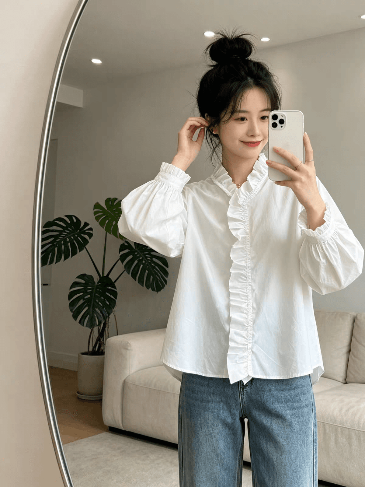 가을 의상 새로운 빅 사이즈 프랑스식 프릴 V넥 순면 긴팔 셔츠 고유 한 아름다운 느긋한 바람 고유 한 작은 셔츠 상세 이미지 4