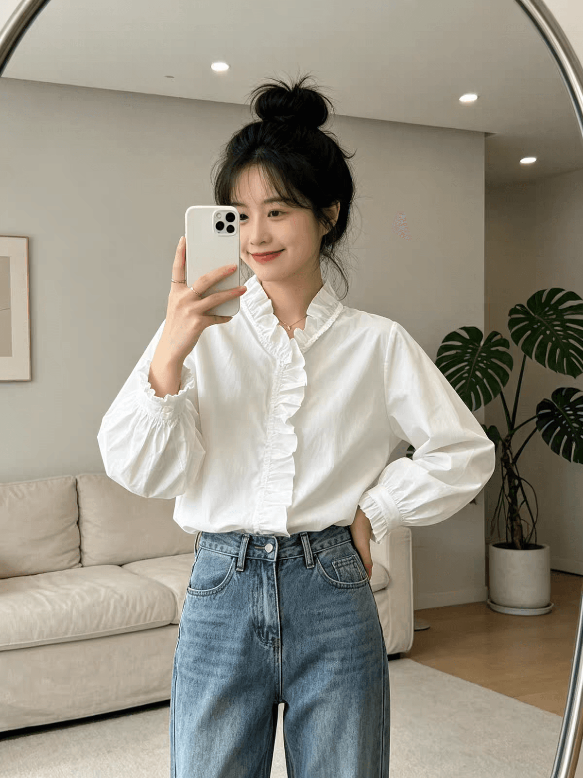 가을 의상 새로운 빅 사이즈 프랑스식 프릴 V넥 순면 긴팔 셔츠 고유 한 아름다운 느긋한 바람 고유 한 작은 셔츠 상세 이미지 6