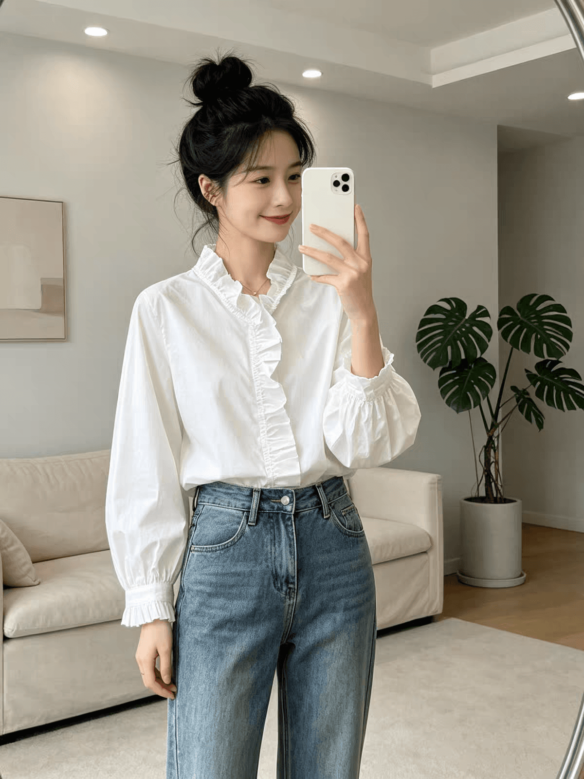 가을 의상 새로운 빅 사이즈 프랑스식 프릴 V넥 순면 긴팔 셔츠 고유 한 아름다운 느긋한 바람 고유 한 작은 셔츠 상세 이미지 7
