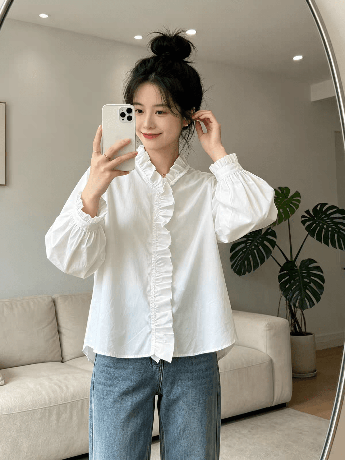 가을 의상 새로운 빅 사이즈 프랑스식 프릴 V넥 순면 긴팔 셔츠 고유 한 아름다운 느긋한 바람 고유 한 작은 셔츠 상세 이미지 8