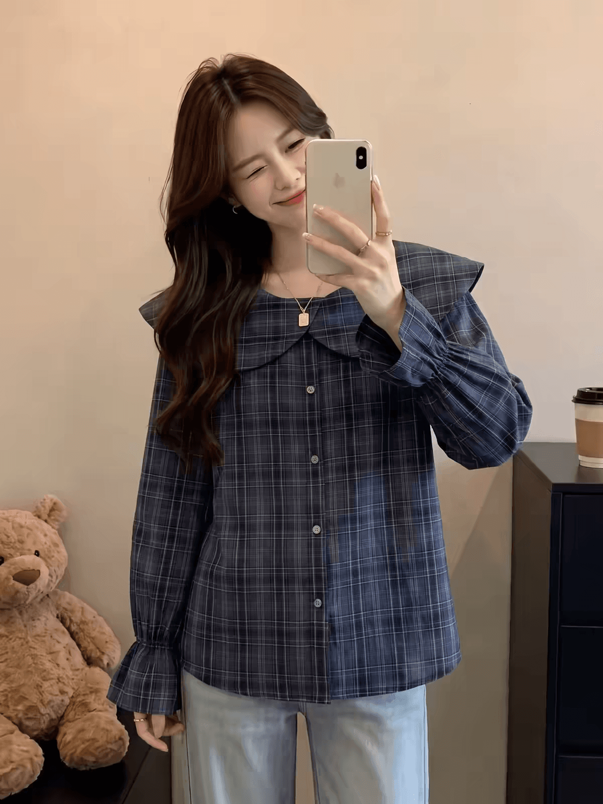 가을 의상 새로운 자이언트 잘 생긴 ~ 중 레트로 체크무늬 한 부서 착용 가져 가라. 오프숄더 프릴 칼라 긴팔 셔츠 작은 셔츠 맨위 이미지 3
