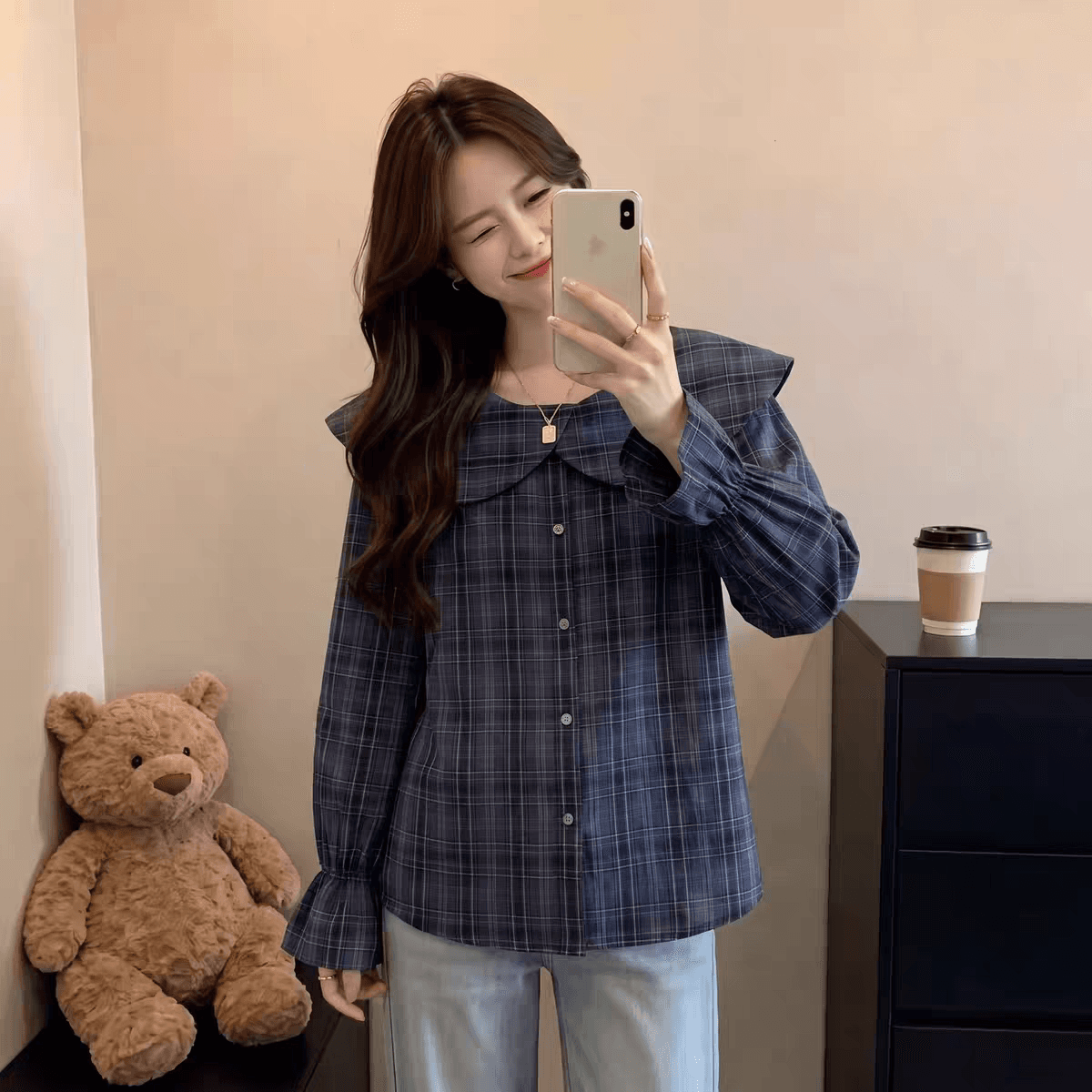 가을 의상 새로운 자이언트 잘 생긴 ~ 중 레트로 체크무늬 한 부서 착용 가져 가라. 오프숄더 프릴 칼라 긴팔 셔츠 작은 셔츠 맨위 상세 이미지 3
