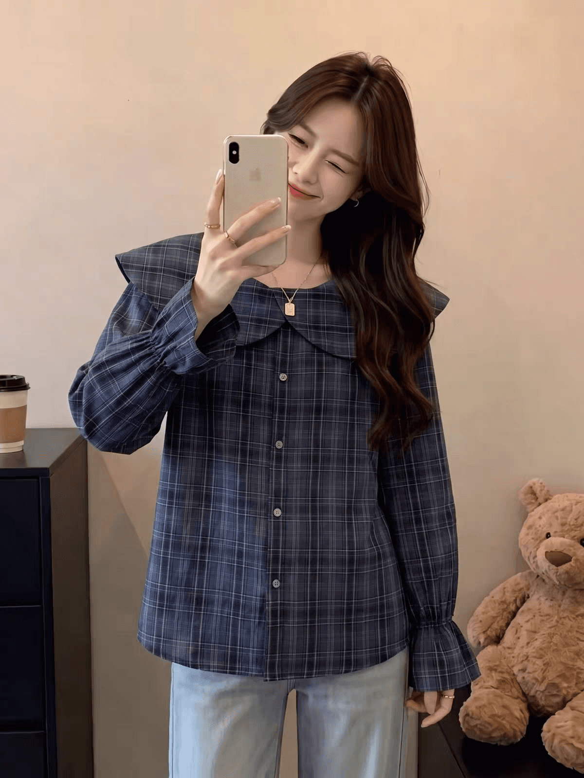 가을 의상 새로운 자이언트 잘 생긴 ~ 중 레트로 체크무늬 한 부서 착용 가져 가라. 오프숄더 프릴 칼라 긴팔 셔츠 작은 셔츠 맨위 상세 이미지 5
