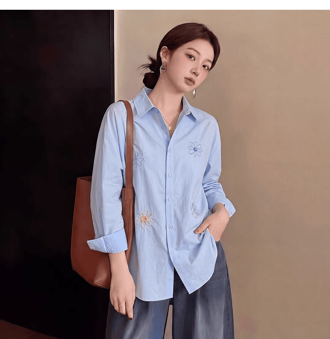 가을 의상 새로운 빅 사이즈 고급 센스 빛 럭셔리 파란색 꽃 자수 셔츠 루즈핏 고유 한 슈퍼 잘 생긴 셔츠 트렌디 이미지 2