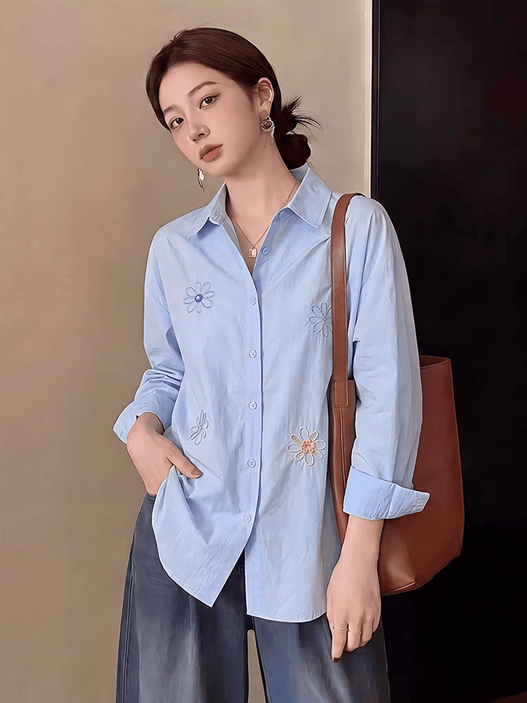 가을 의상 새로운 빅 사이즈 고급 센스 빛 럭셔리 파란색 꽃 자수 셔츠 루즈핏 고유 한 슈퍼 잘 생긴 셔츠 트렌디 상세 이미지 8