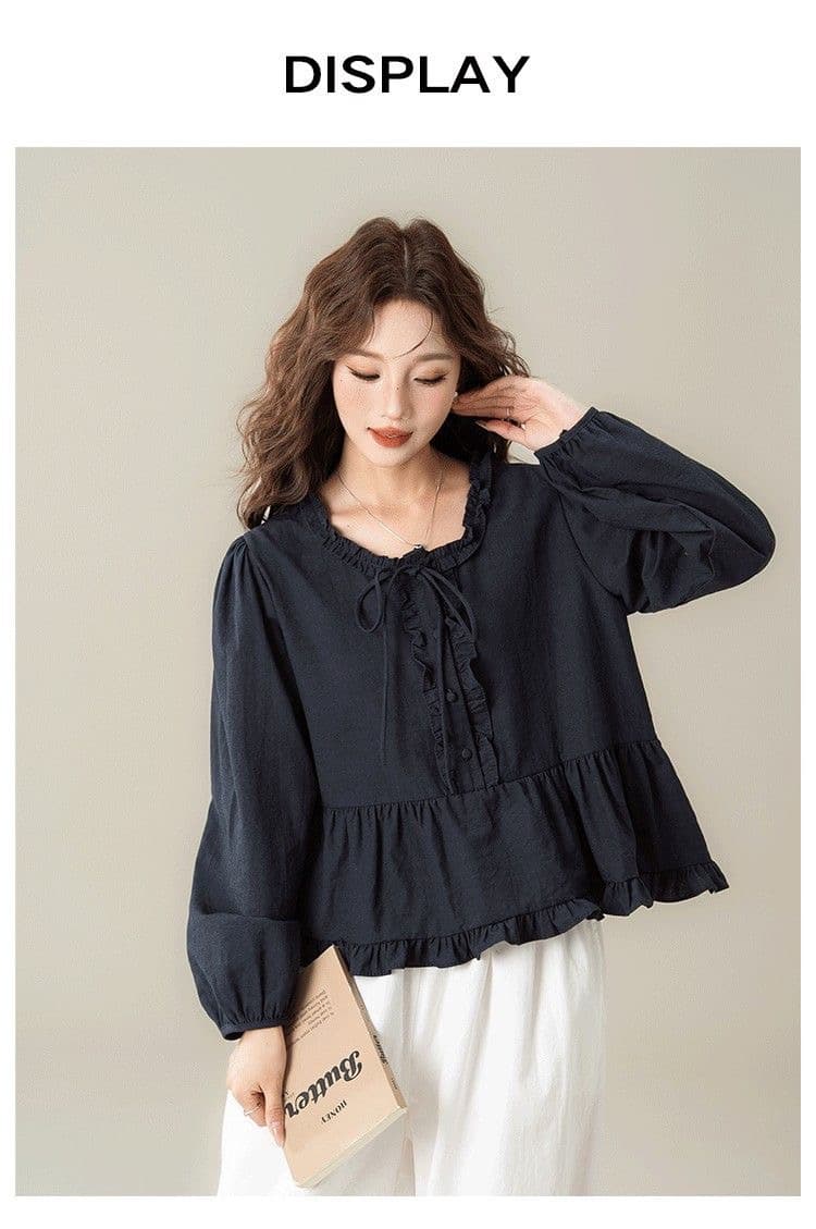 가을 의상 새로운 레트로 해군 귀 패치워크 긴팔 셔츠 여성 의류 느슨함 루즈핏 캐주얼 품격 맨위 상세 이미지 1