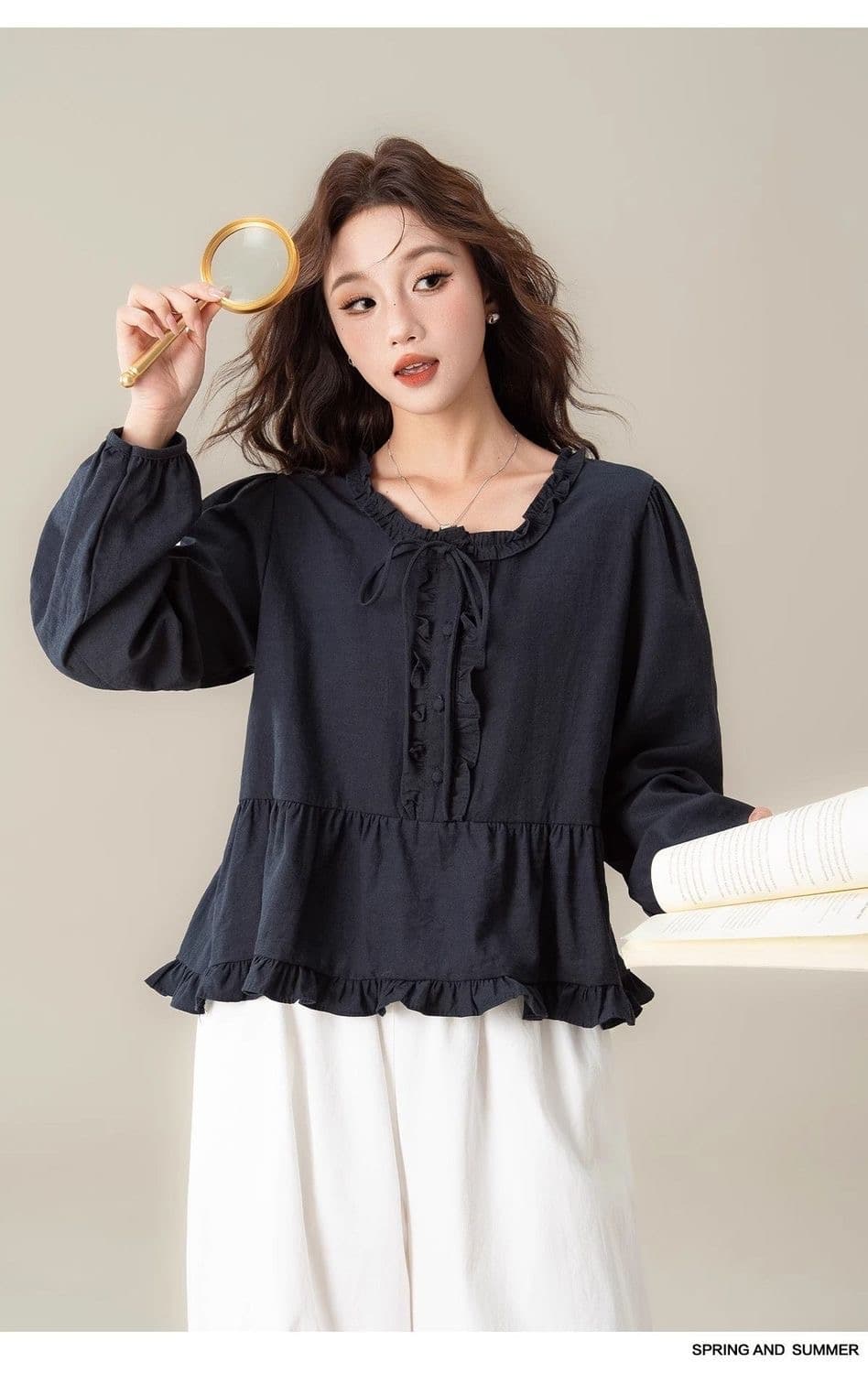 가을 의상 새로운 레트로 해군 귀 패치워크 긴팔 셔츠 여성 의류 느슨함 루즈핏 캐주얼 품격 맨위 상세 이미지 8