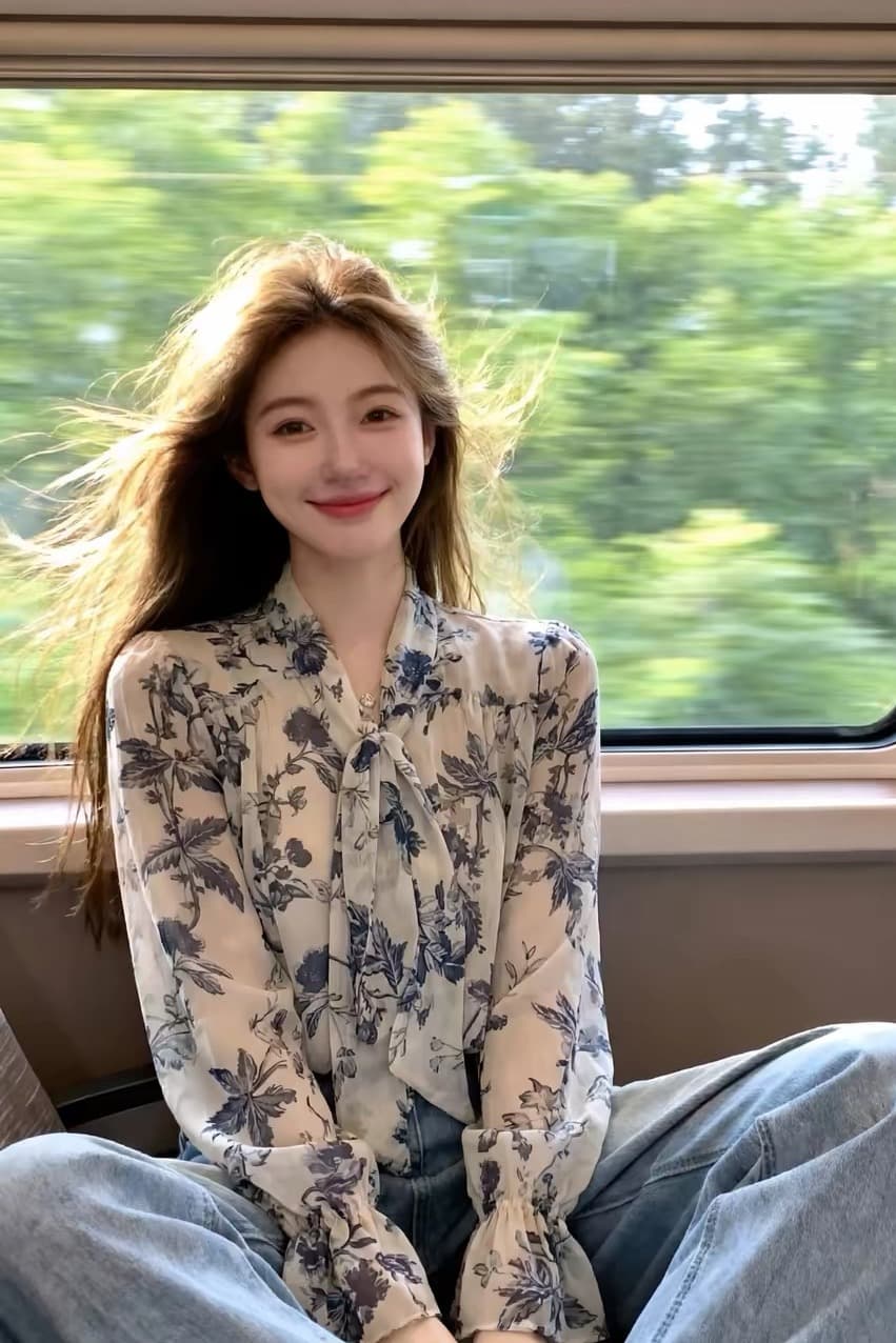 가을 의상 새로운 슬림해 보이는 쉬폰 출퇴근 바람 꽃무늬 리본 셔츠 디자인 센스 긴팔 레이스업 맨위 슈퍼 잘 생긴 이미지 6