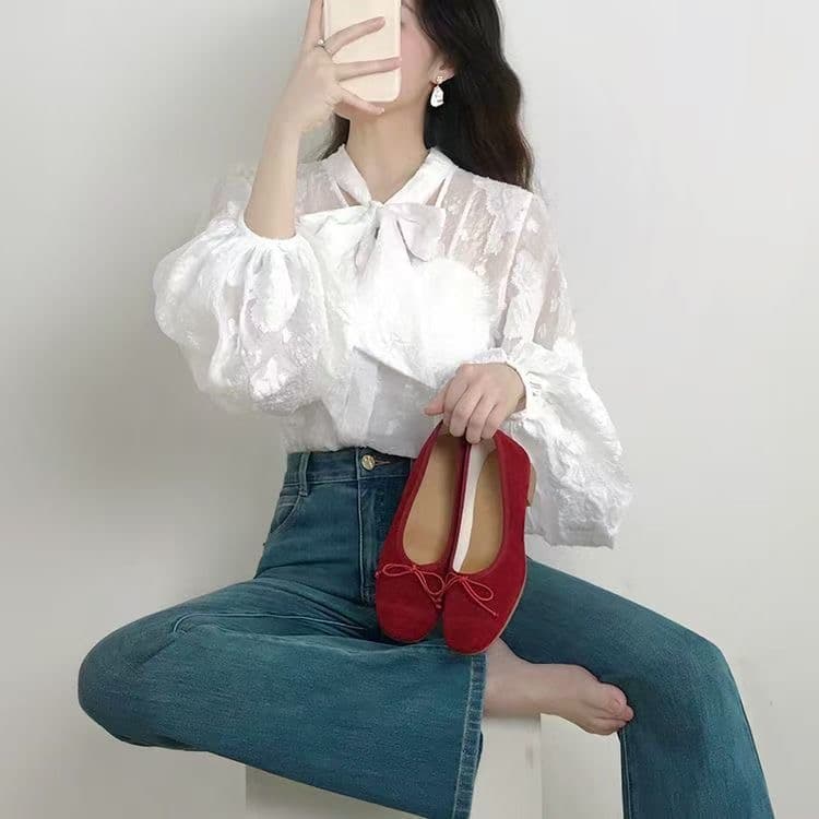 가을 의상 새로운 프랑스식 우아함 아름다운 품격 고급 질감 센스 레이스업 나비 매듭 셔츠 다용도 레트로 맨위 이미지 4