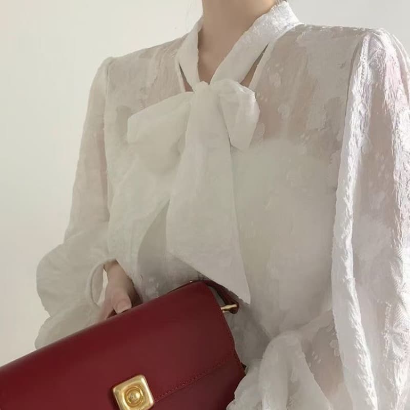 가을 의상 새로운 프랑스식 우아함 아름다운 품격 고급 질감 센스 레이스업 나비 매듭 셔츠 다용도 레트로 맨위 이미지 5