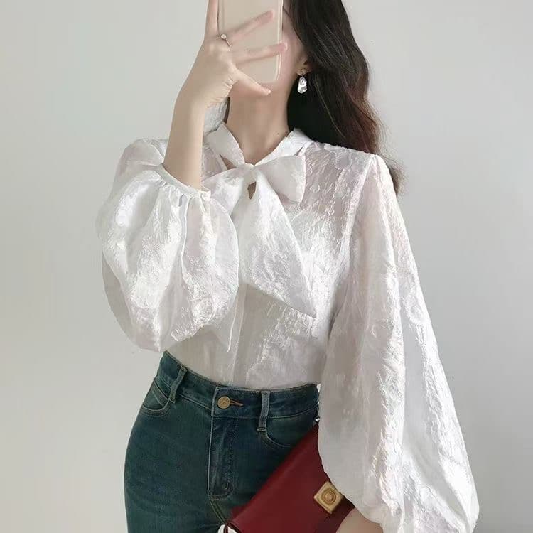 가을 의상 새로운 프랑스식 우아함 아름다운 품격 고급 질감 센스 레이스업 나비 매듭 셔츠 다용도 레트로 맨위 상세 이미지 7
