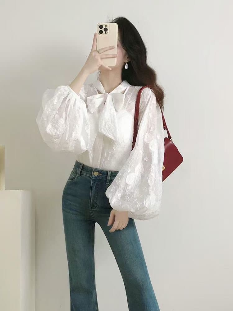 가을 의상 새로운 프랑스식 우아함 아름다운 품격 고급 질감 센스 레이스업 나비 매듭 셔츠 다용도 레트로 맨위 상세 이미지 8