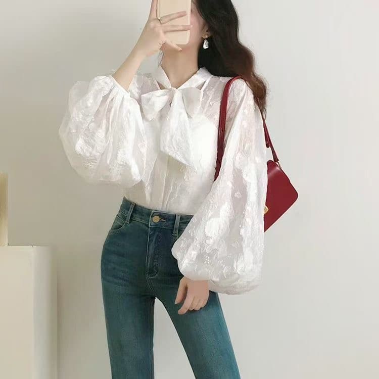 가을 의상 새로운 프랑스식 우아함 아름다운 품격 고급 질감 센스 레이스업 나비 매듭 셔츠 다용도 레트로 맨위 상세 이미지 9