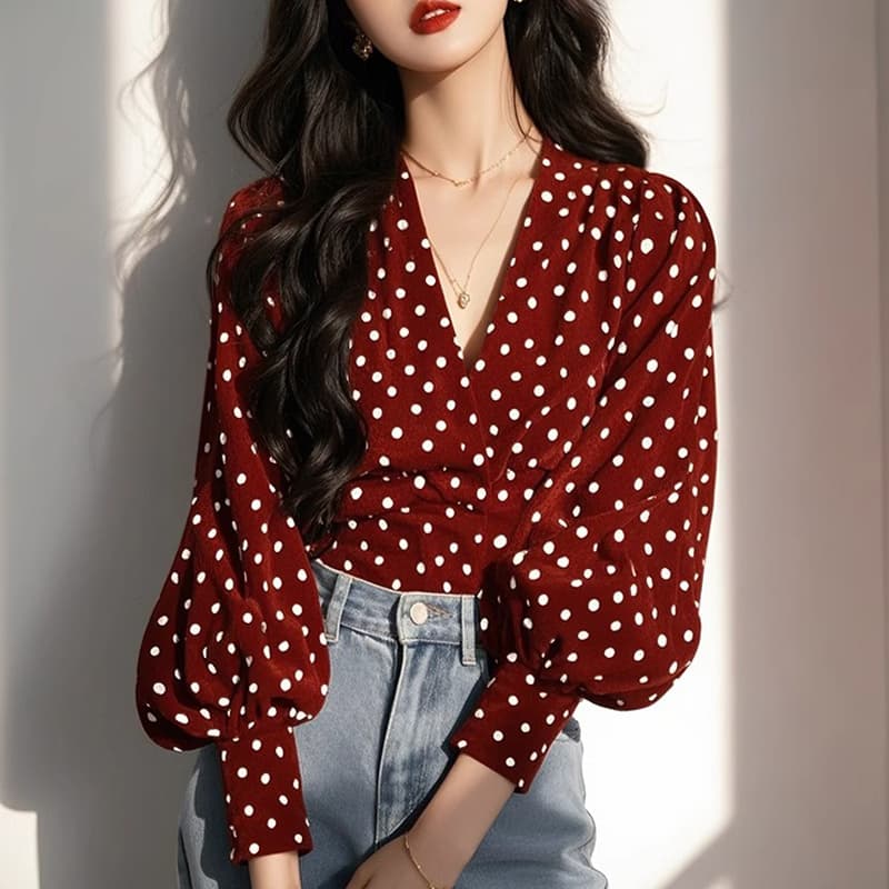 가을 의상 새로운 도트 무늬 프랑스식 작은 대중 디자인 Chic 목 꽃 품격 긴팔 셔츠 셔츠 맨위