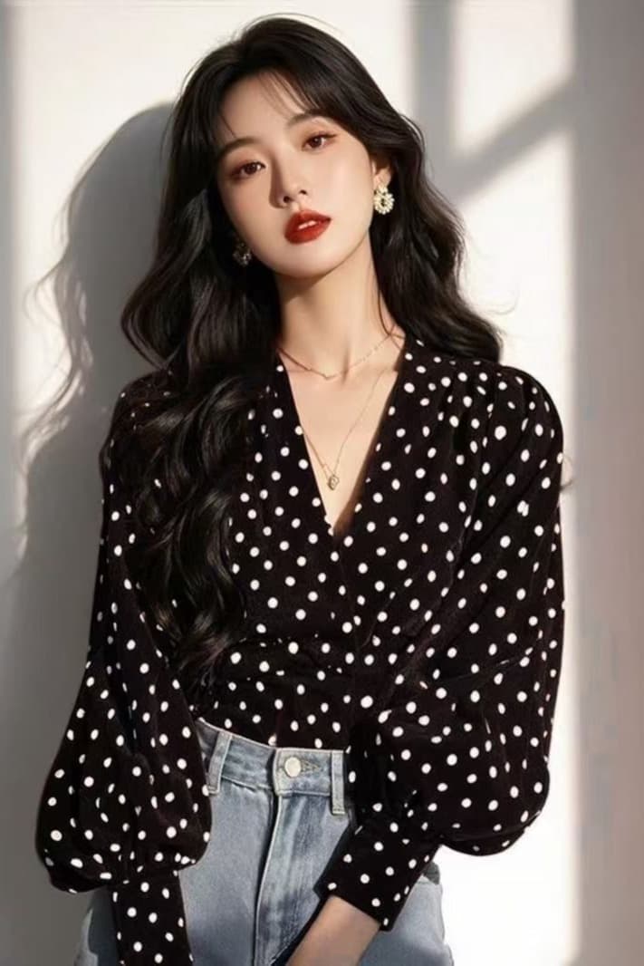가을 의상 새로운 도트 무늬 프랑스식 작은 대중 디자인 Chic 목 꽃 품격 긴팔 셔츠 셔츠 맨위 이미지 6