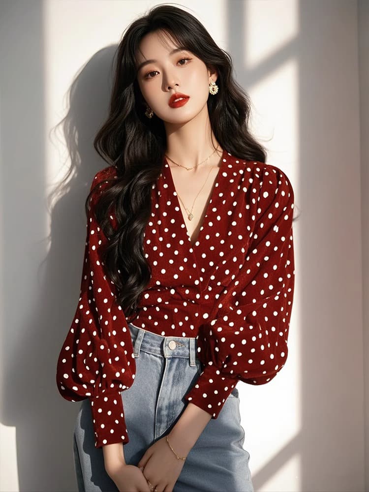 가을 의상 새로운 도트 무늬 프랑스식 작은 대중 디자인 Chic 목 꽃 품격 긴팔 셔츠 셔츠 맨위 상세 이미지 2