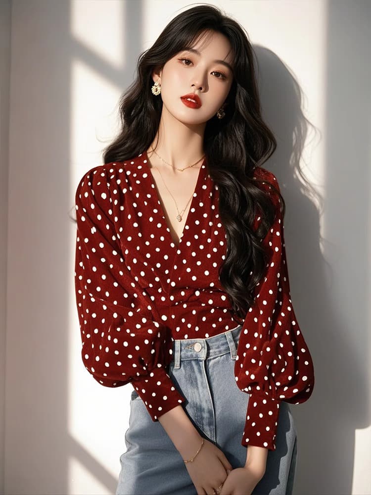 가을 의상 새로운 도트 무늬 프랑스식 작은 대중 디자인 Chic 목 꽃 품격 긴팔 셔츠 셔츠 맨위 상세 이미지 3