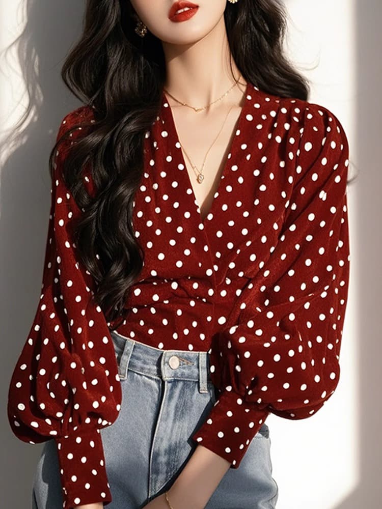 가을 의상 새로운 도트 무늬 프랑스식 작은 대중 디자인 Chic 목 꽃 품격 긴팔 셔츠 셔츠 맨위 상세 이미지 6