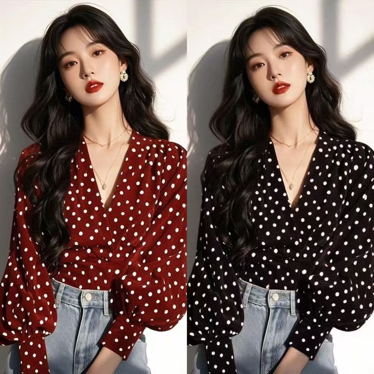 가을 의상 새로운 도트 무늬 프랑스식 작은 대중 디자인 Chic 목 꽃 품격 긴팔 셔츠 셔츠 맨위 상세 이미지 7