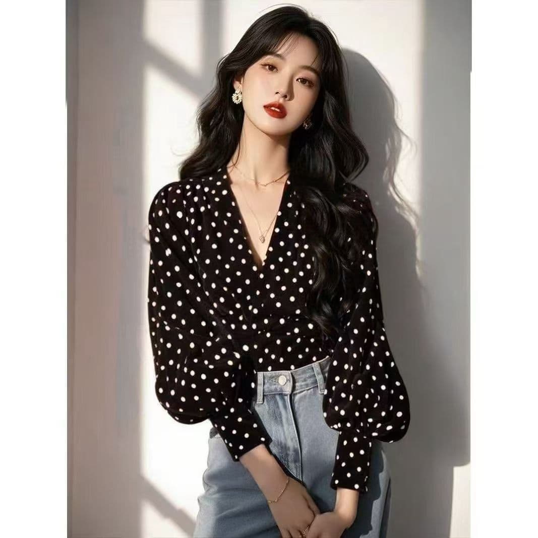 가을 의상 새로운 도트 무늬 프랑스식 작은 대중 디자인 Chic 목 꽃 품격 긴팔 셔츠 셔츠 맨위 상세 이미지 8