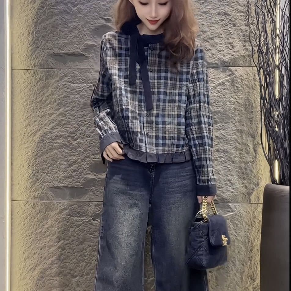 가을 의상 새로운 한 부서 레트로 스타일 체크무늬 맨위 라운드 넥 디자인 캐주얼 패션 셔츠 상세 이미지 4
