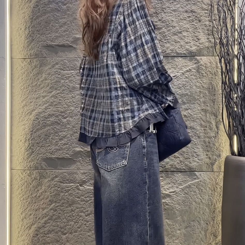 가을 의상 새로운 한 부서 레트로 스타일 체크무늬 맨위 라운드 넥 디자인 캐주얼 패션 셔츠 상세 이미지 7