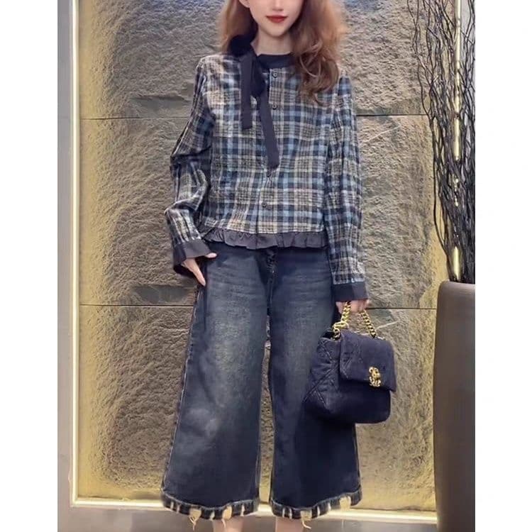 가을 의상 새로운 한 부서 레트로 스타일 체크무늬 맨위 라운드 넥 디자인 캐주얼 패션 셔츠 상세 이미지 11