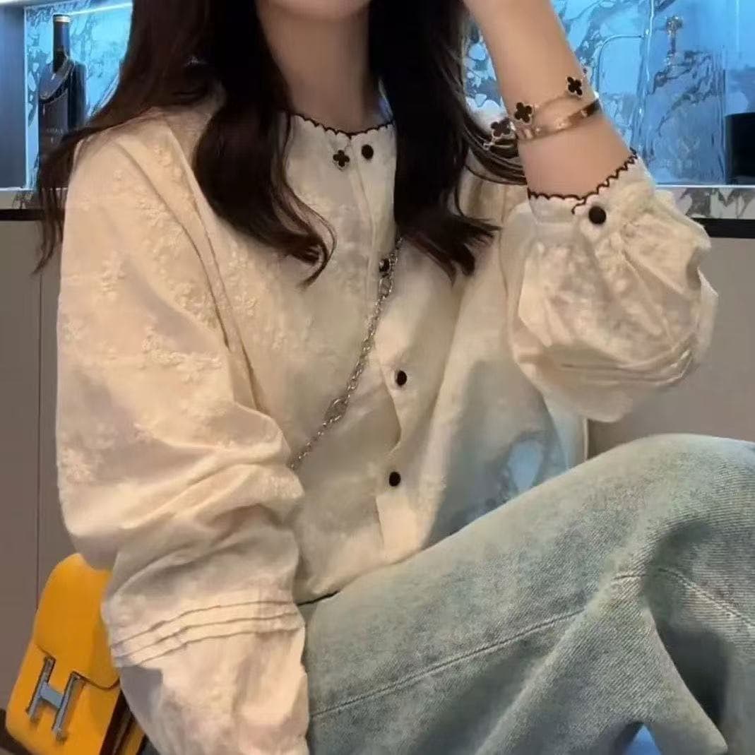 가을 의상 새로운 한국 소녀 작은 샤넬 스타일 품격 화이트 패션 캐주얼 다용도 셔츠
