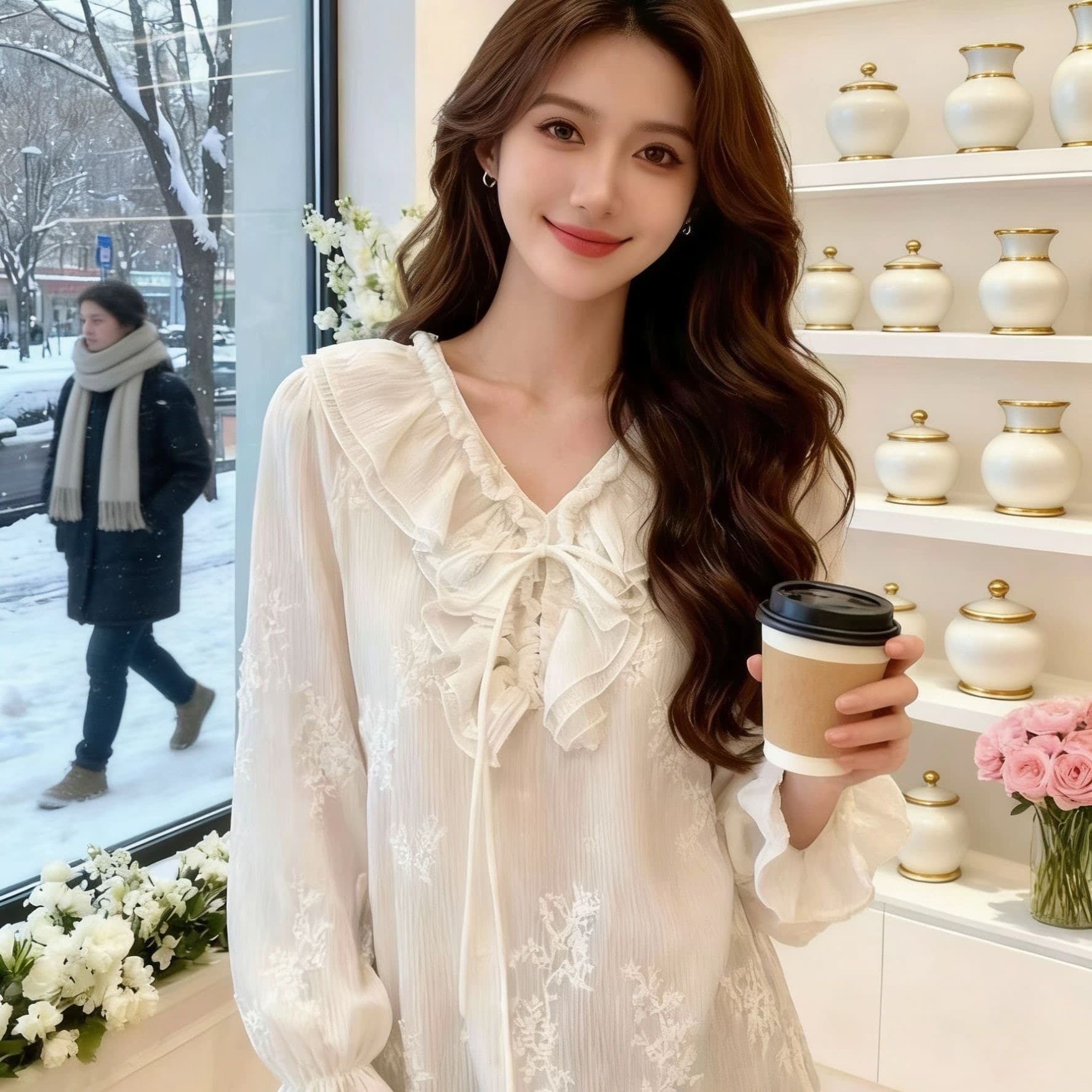 가을 의상 새로운 한 부서 비즈 박기 레이스업 곰팡이 고리 레이스 자카드 여성 셔츠 출퇴근 인사이드 가져 가라. 긴팔 맨위 이미지 5