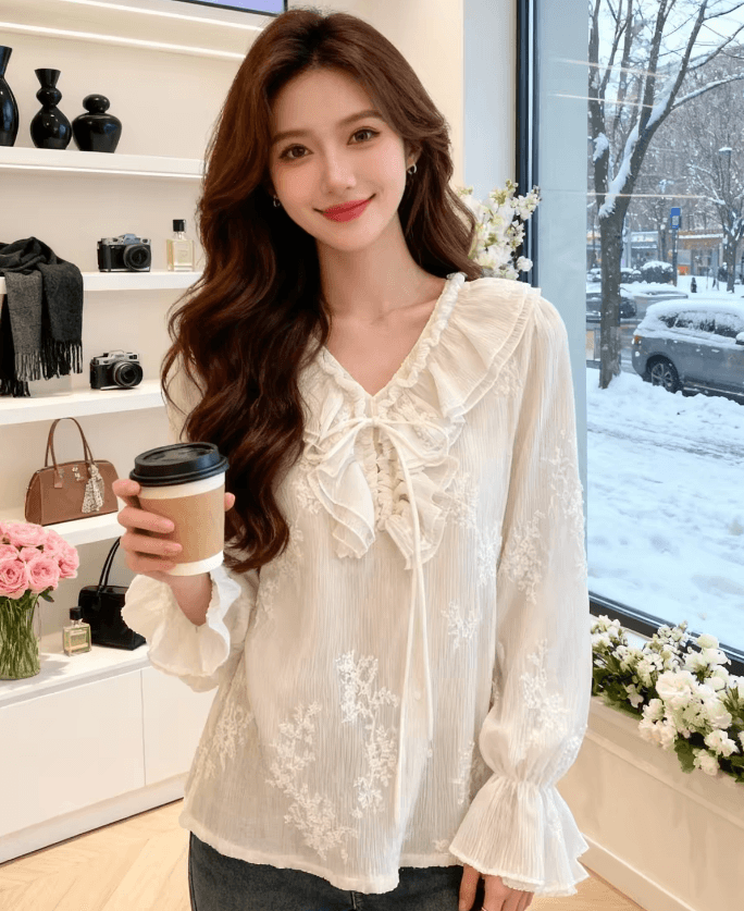 가을 의상 새로운 한 부서 비즈 박기 레이스업 곰팡이 고리 레이스 자카드 여성 셔츠 출퇴근 인사이드 가져 가라. 긴팔 맨위