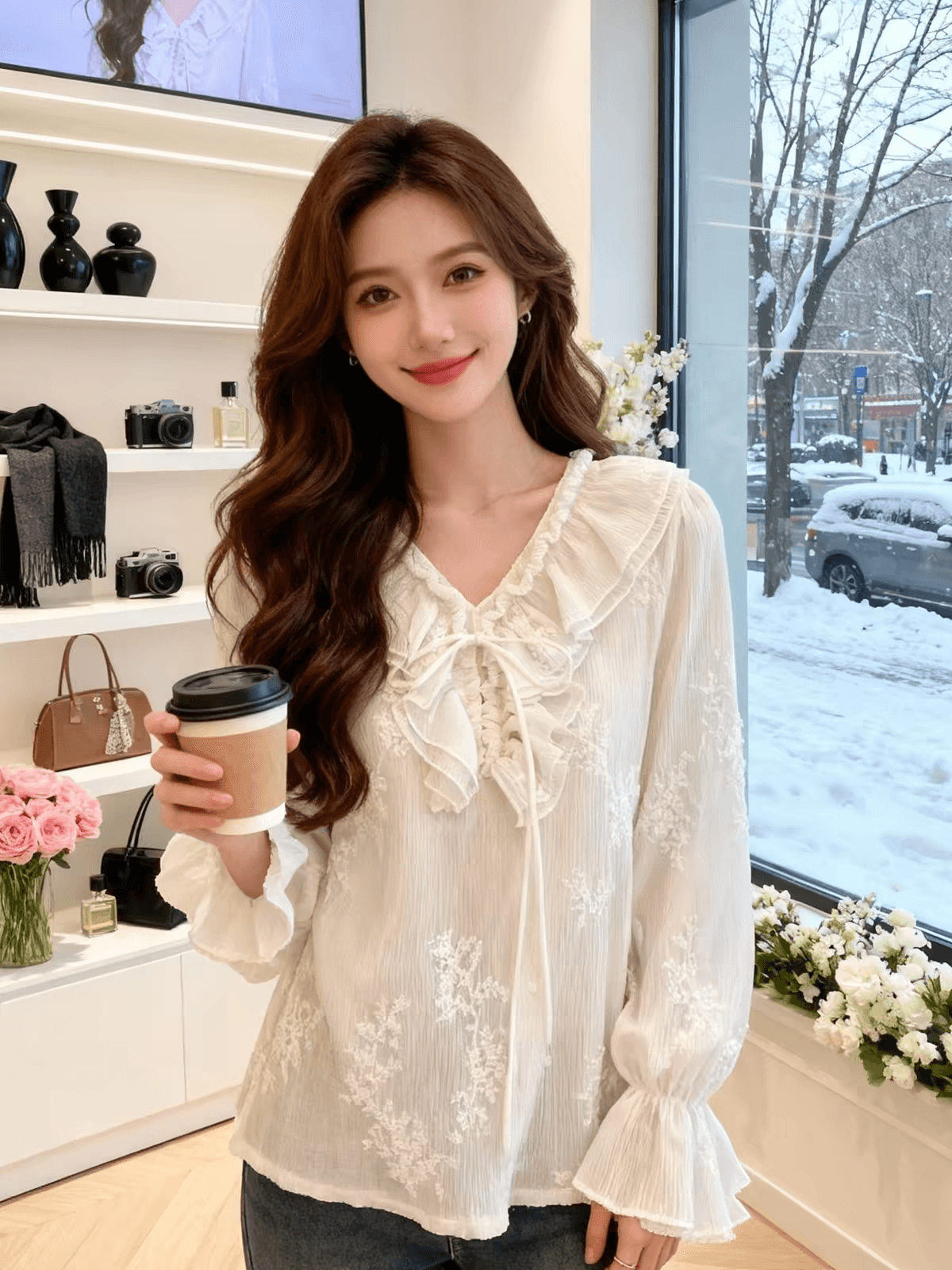 가을 의상 새로운 한 부서 비즈 박기 레이스업 곰팡이 고리 레이스 자카드 여성 셔츠 출퇴근 인사이드 가져 가라. 긴팔 맨위 상세 이미지 7