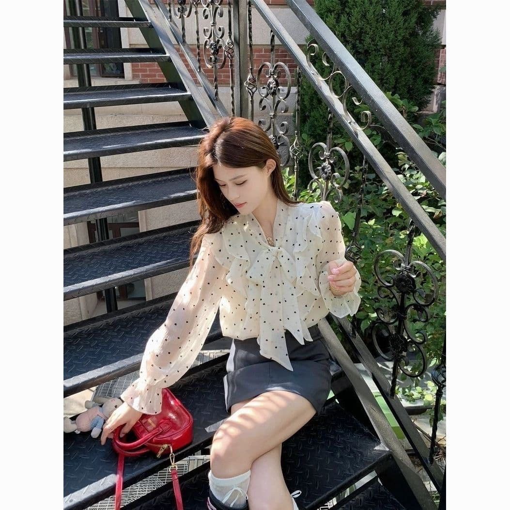가을 의상 새로운 프랑스식 고급 센스 프릴 도트 무늬 셔츠 디자인 센스 스트랩 루즈핏 Chic 맨위 이미지 4