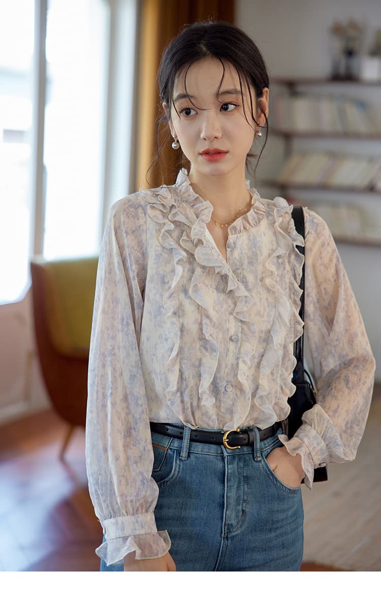 가을 의상 새로운 블루 보라색 프릴 프린트 셔츠 프랑스식 레트로 긴팔 품격 디자인 센스 맨위 상세 이미지 7