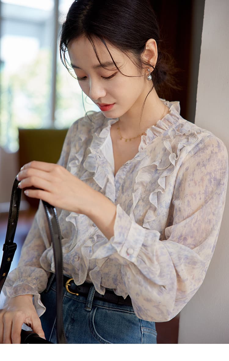 가을 의상 새로운 블루 보라색 프릴 프린트 셔츠 프랑스식 레트로 긴팔 품격 디자인 센스 맨위 상세 이미지 8