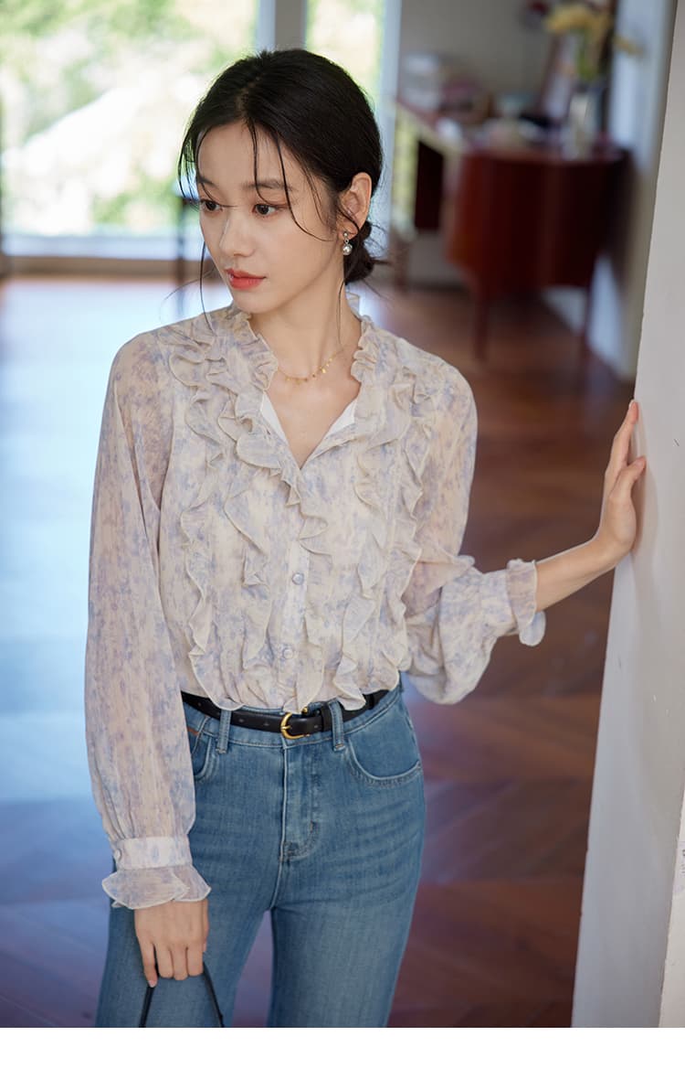 가을 의상 새로운 블루 보라색 프릴 프린트 셔츠 프랑스식 레트로 긴팔 품격 디자인 센스 맨위 상세 이미지 11