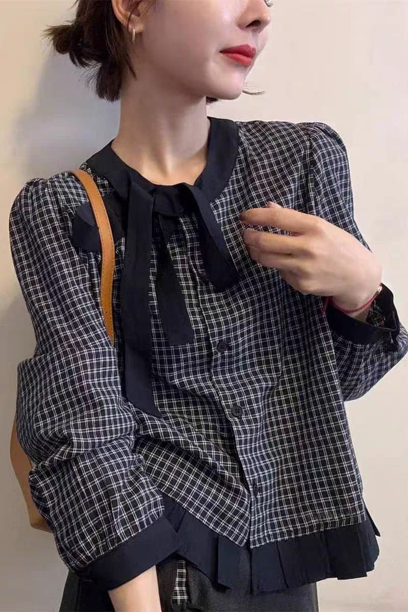 가을 의상 새로운 프랑스식 레트로 스타일 레이스업 나비 넥타이 격자 무늬 셔츠 디자인 센스 외국 가스 연령 감소 맨위 이미지 6
