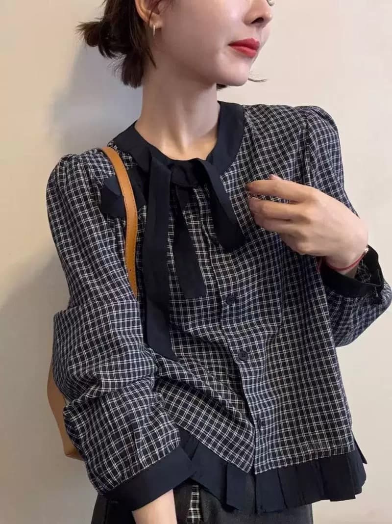 가을 의상 새로운 프랑스식 레트로 스타일 레이스업 나비 넥타이 격자 무늬 셔츠 디자인 센스 외국 가스 연령 감소 맨위 상세 이미지 2